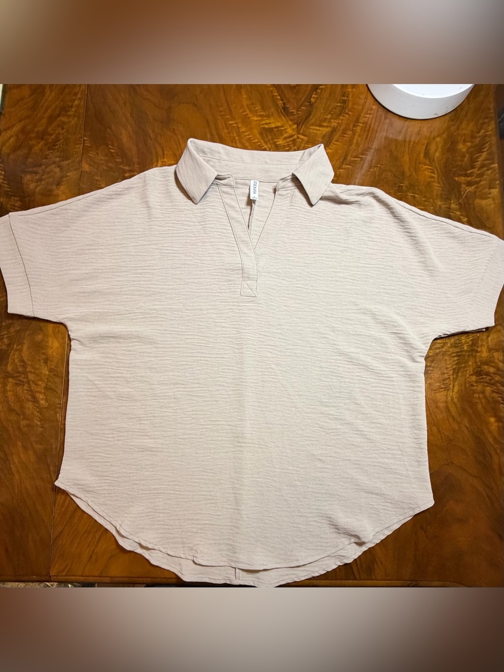 NWOT Zenana L Taupe Textured Polo Top | Collared V-Notch Neck | Curved Hem